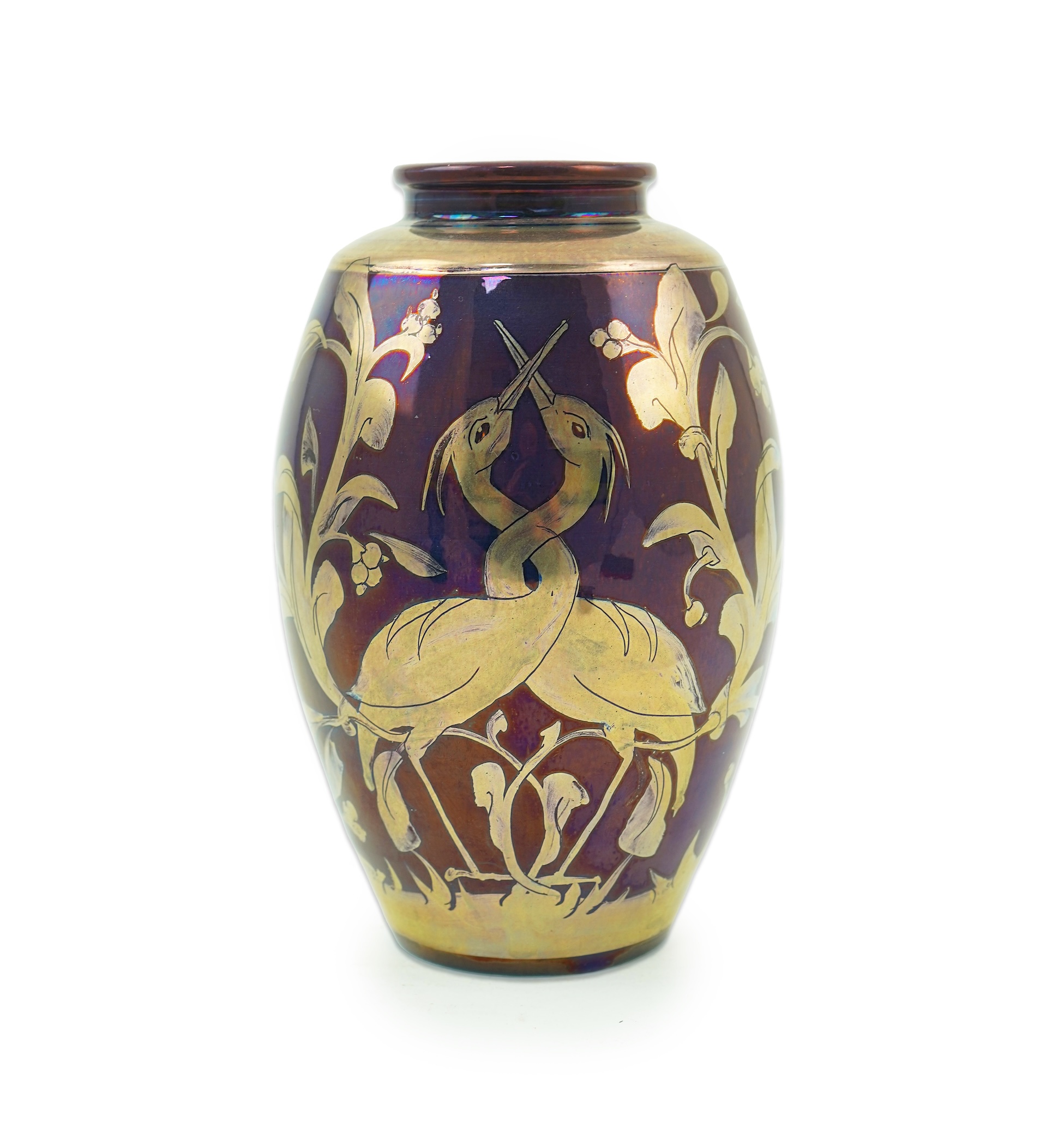 Jonathan Chiswell-Jones (b.1944): A silver and purple lustre pottery vase